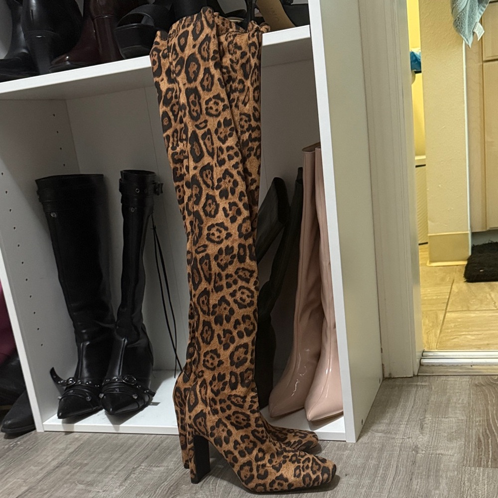 Fashion Nova Leopard Print Thigh Boots